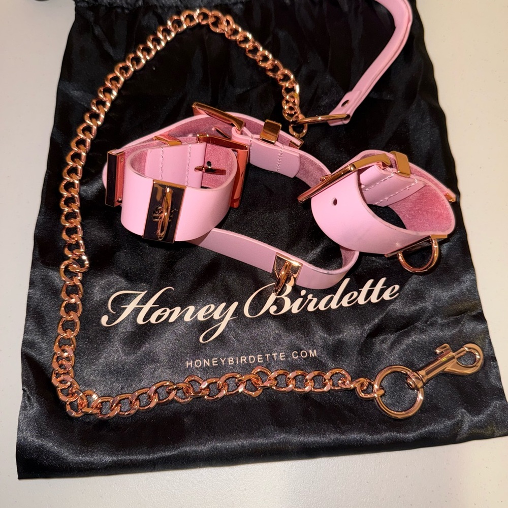 Honey Birdette Pink and Rose Gold Collar, Cuffs and Leash Set